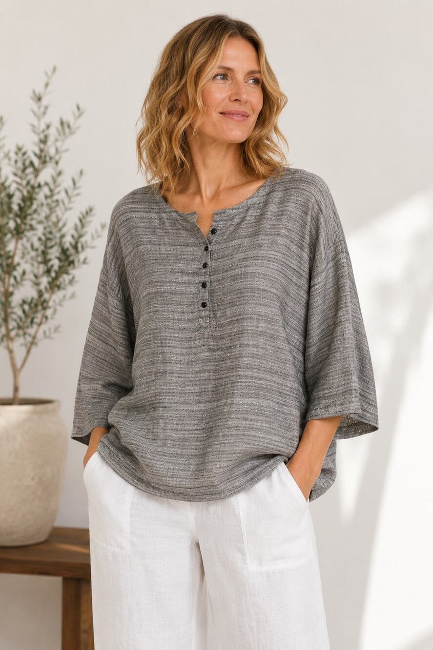 Pure Jill Linen Top MP Gray Lagenlook Oversized Button Front Tunic Blouse